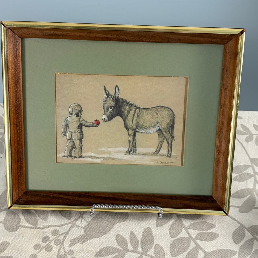 Rich Rudish Hallmark Vintage Framed Illustration Boy & Donkey Mid Century